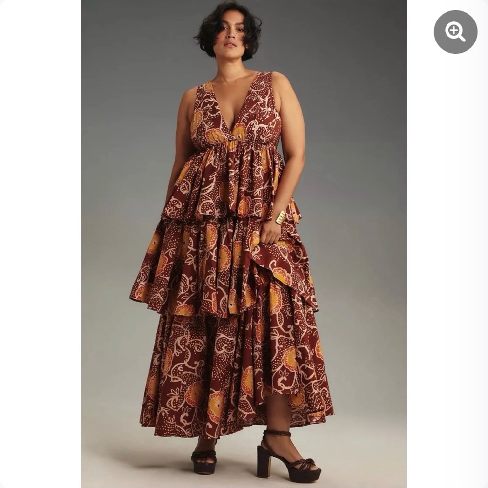 Anthropologie Atsu V-Neck Floral Tiered Maxi Dress Brown Gold Size 3X